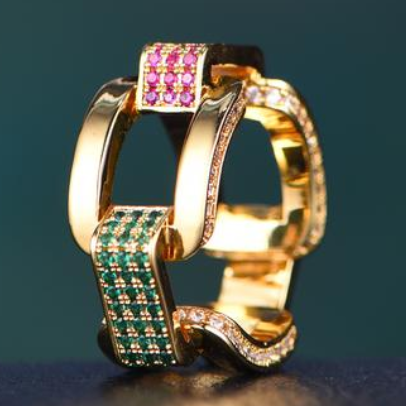 DBZ 14K Gold Colored Iced Hermes Link Ring With Green Stones - Jeupeter