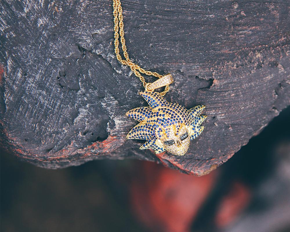 14K Gold Iced Blue Hair Goku Pendant - Jeupeter