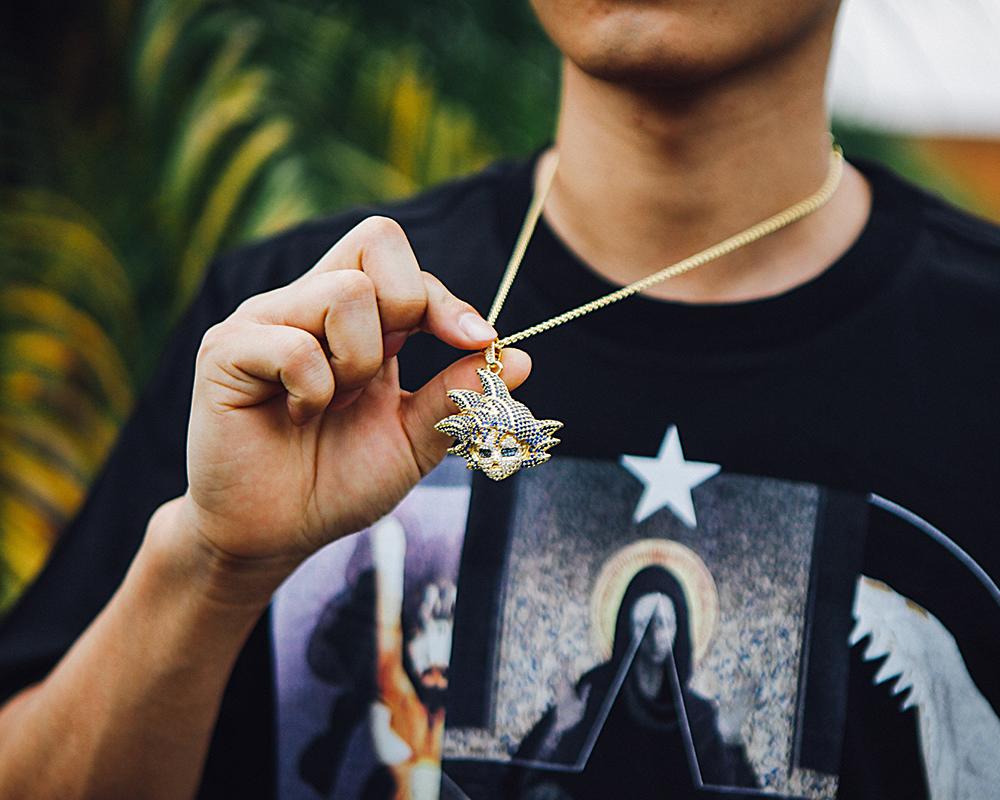 14K Gold Iced Blue Hair Goku Pendant - Jeupeter