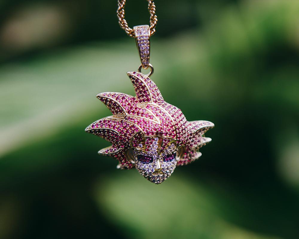 14K Gold Iced Red Hair Goku Pendant - Jeupeter