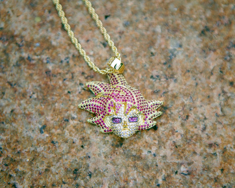 14K Gold Iced Red Hair Goku Pendant - Jeupeter