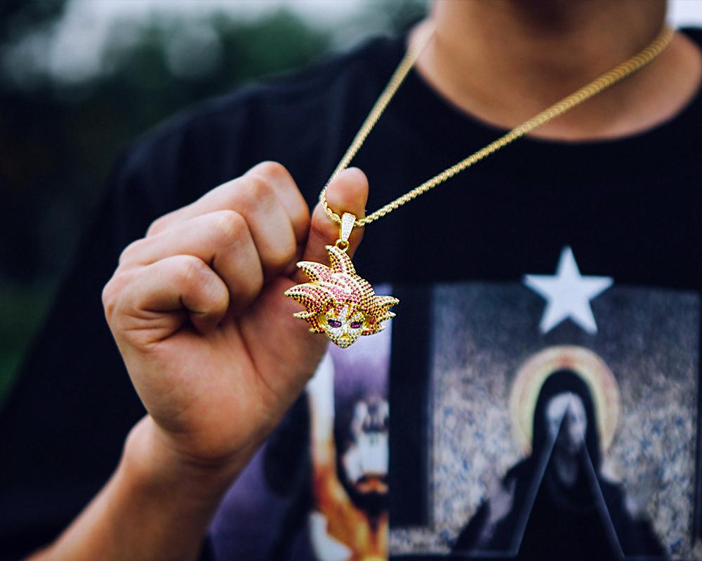 14K Gold Iced Red Hair Goku Pendant - Jeupeter