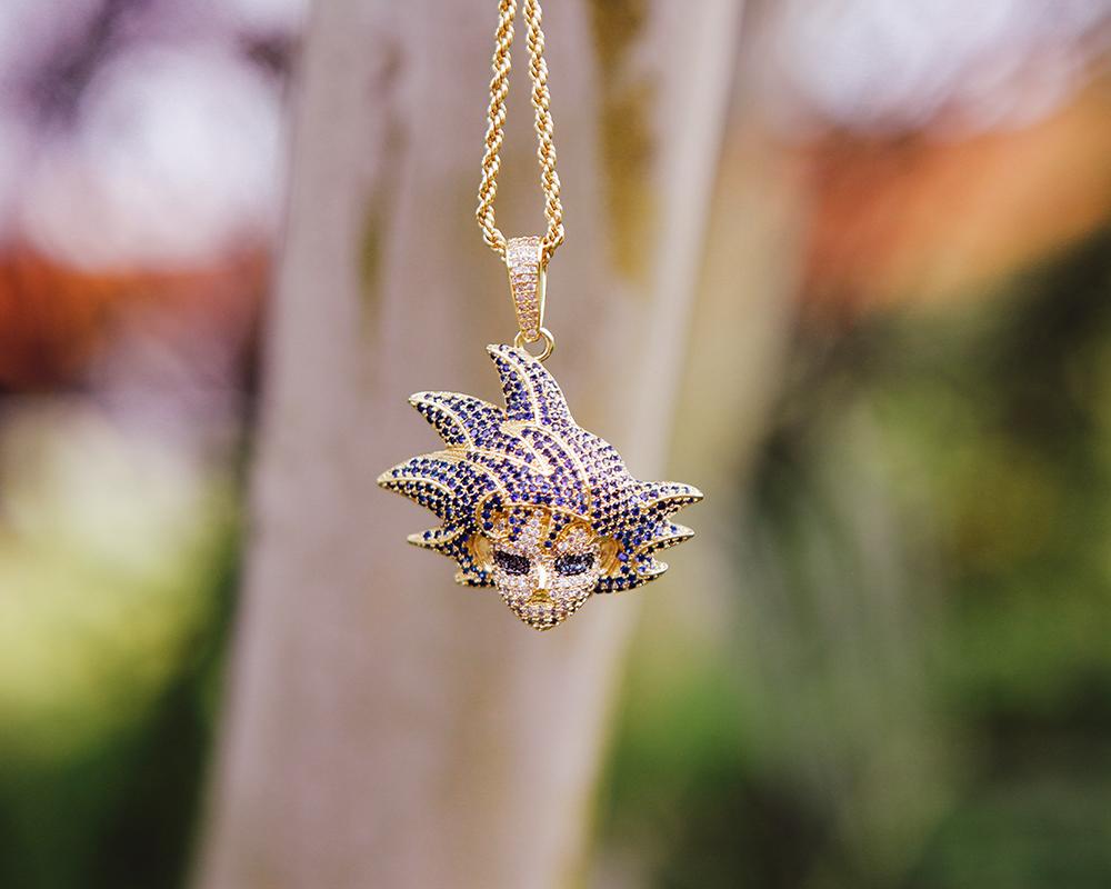 14K Gold Iced Blue Hair Goku Pendant - Jeupeter