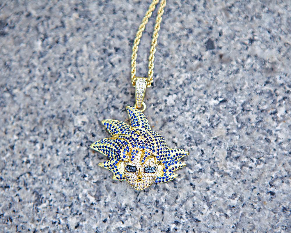 14K Gold Iced Blue Hair Goku Pendant - Jeupeter