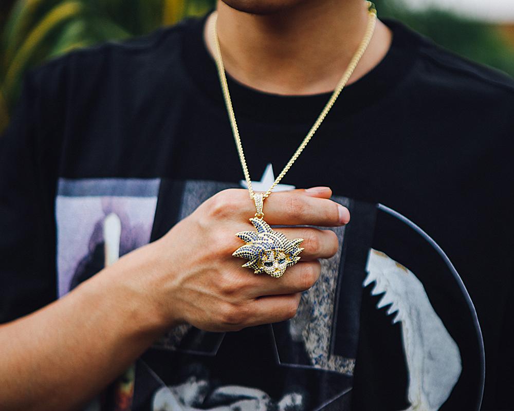 14K Gold Iced Blue Hair Goku Pendant - Jeupeter