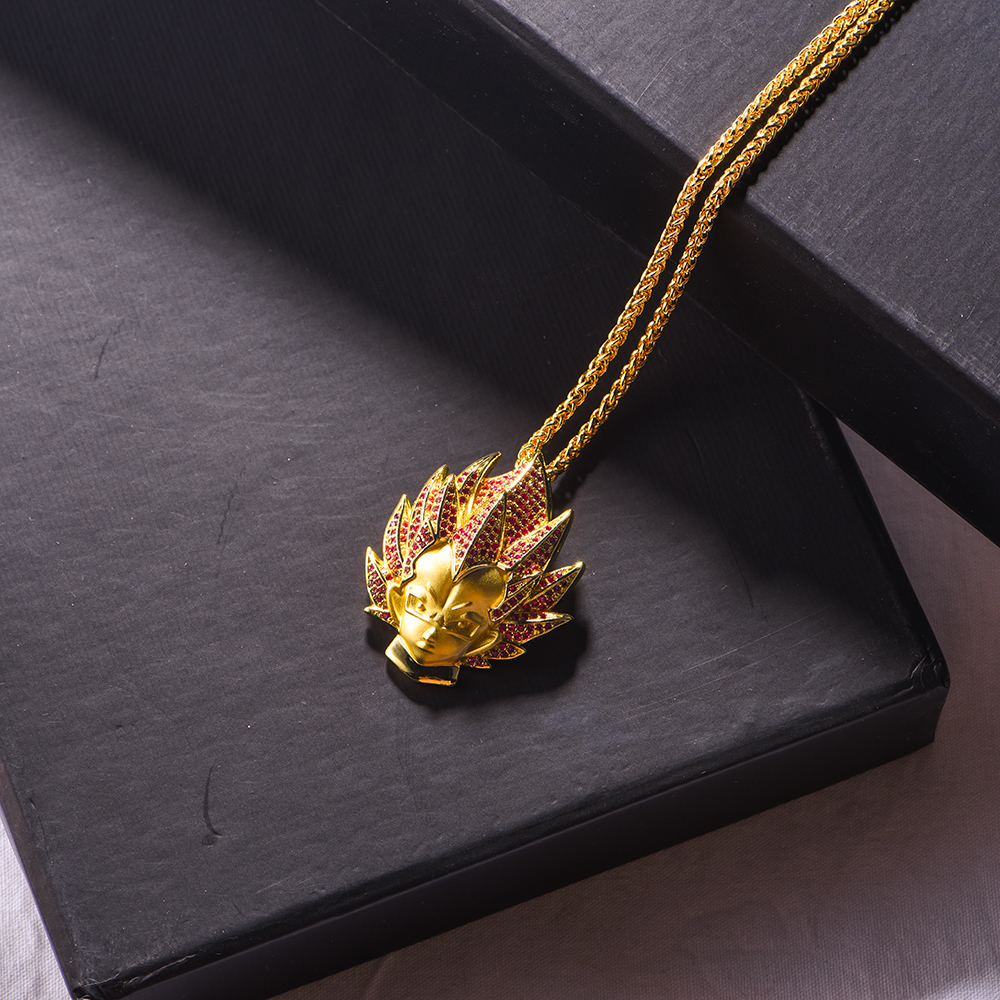 14K Gold Iced Super Saiyan God Vegeta Red Hair Pendant - Jeupeter