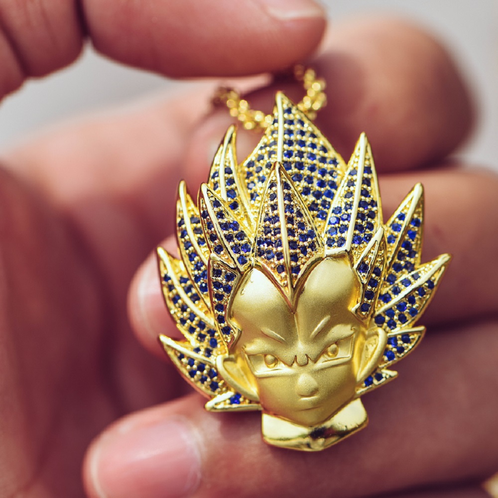 14K Gold Iced Super Saiyan God Vegeta Blue Hair Pendant - Jeupeter