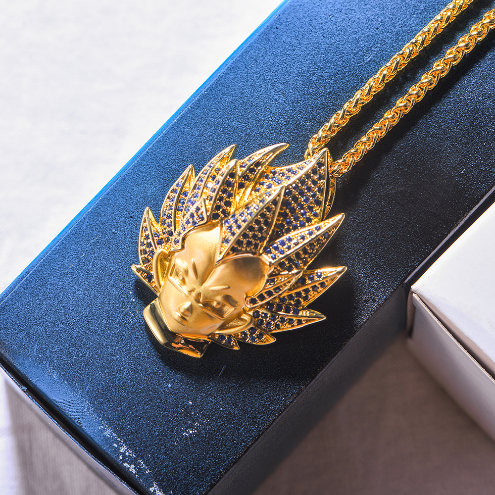 14K Gold Iced Super Saiyan God Vegeta Blue Hair Pendant - Jeupeter