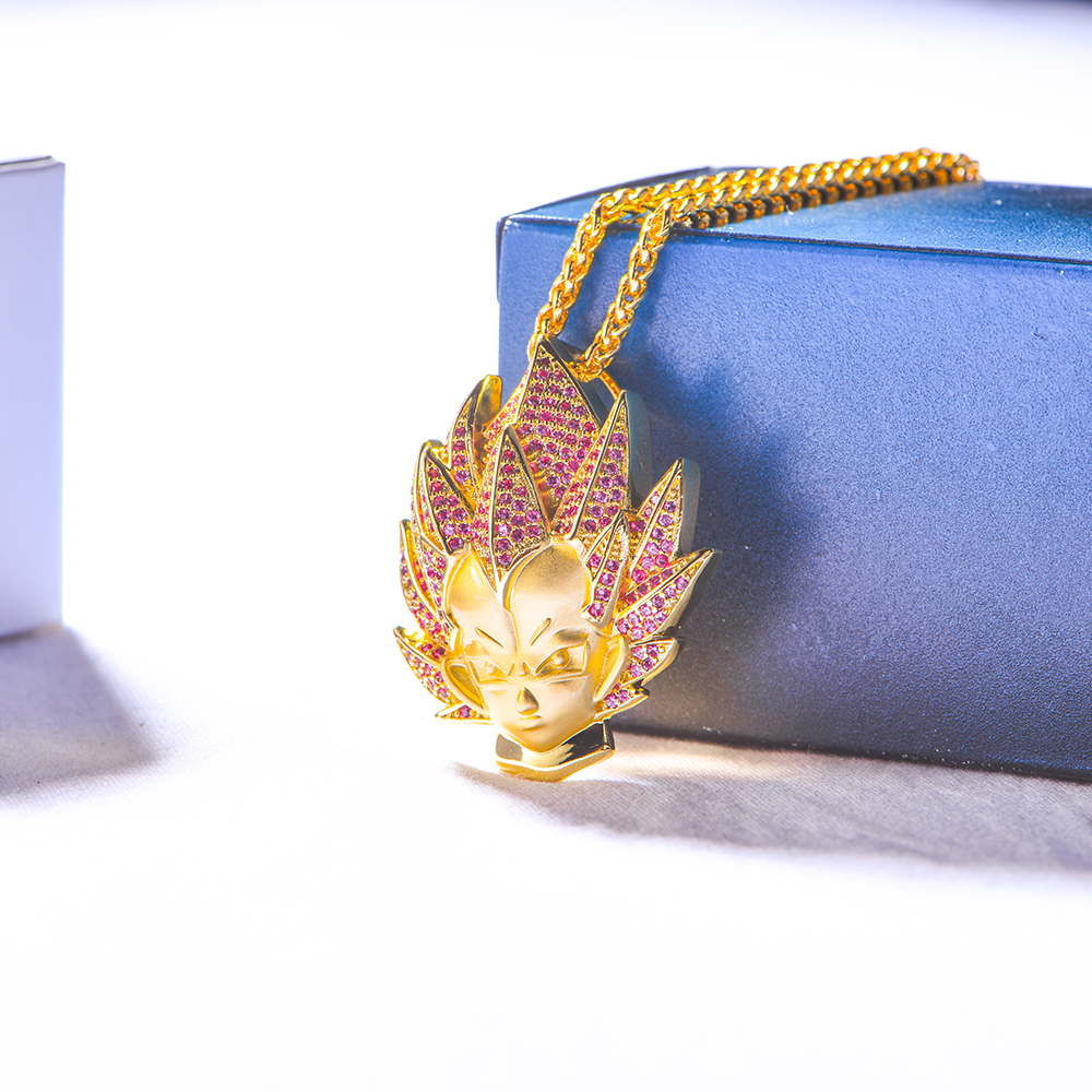 14K Gold Iced Super Saiyan God Vegeta Red Hair Pendant - Jeupeter