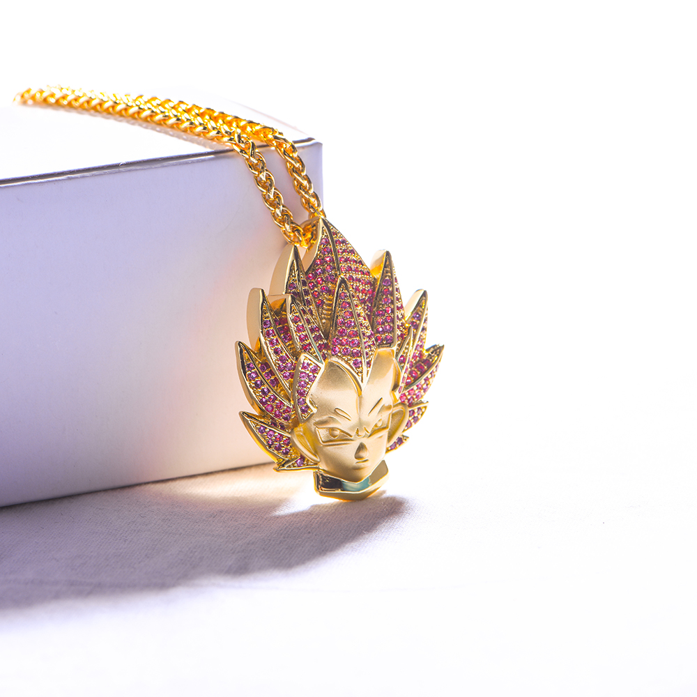 14K Gold Iced Super Saiyan God Vegeta Red Hair Pendant - Jeupeter