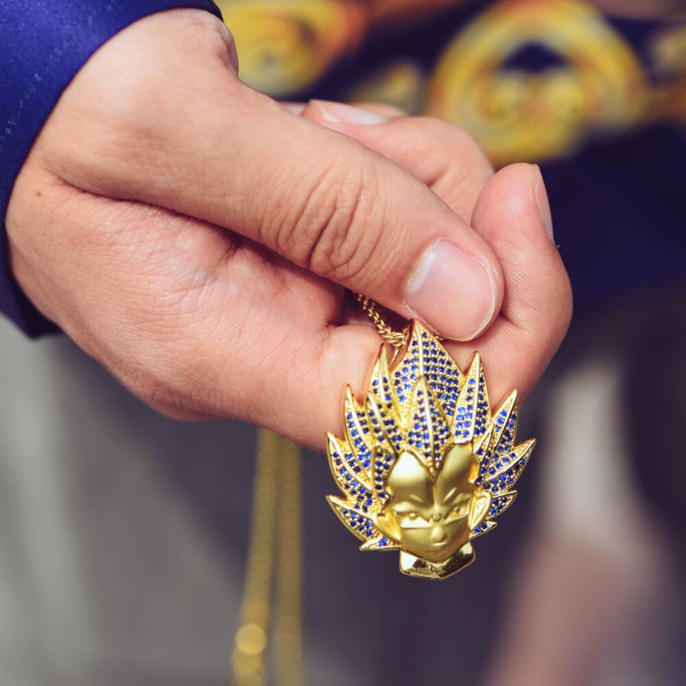 14K Gold Iced Super Saiyan God Vegeta Blue Hair Pendant - Jeupeter