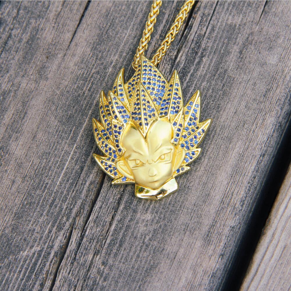 14K Gold Iced Super Saiyan God Vegeta Blue Hair Pendant - Jeupeter