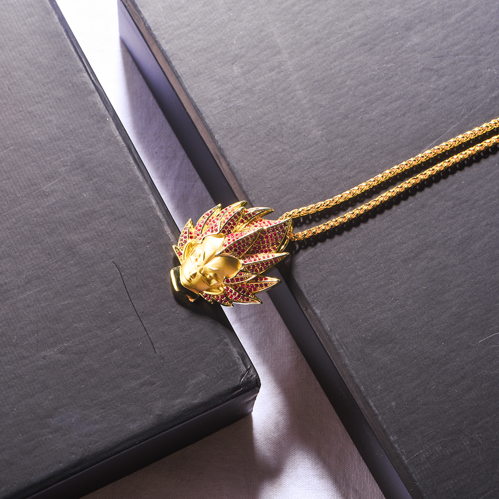 14K Gold Iced Super Saiyan God Vegeta Red Hair Pendant - Jeupeter