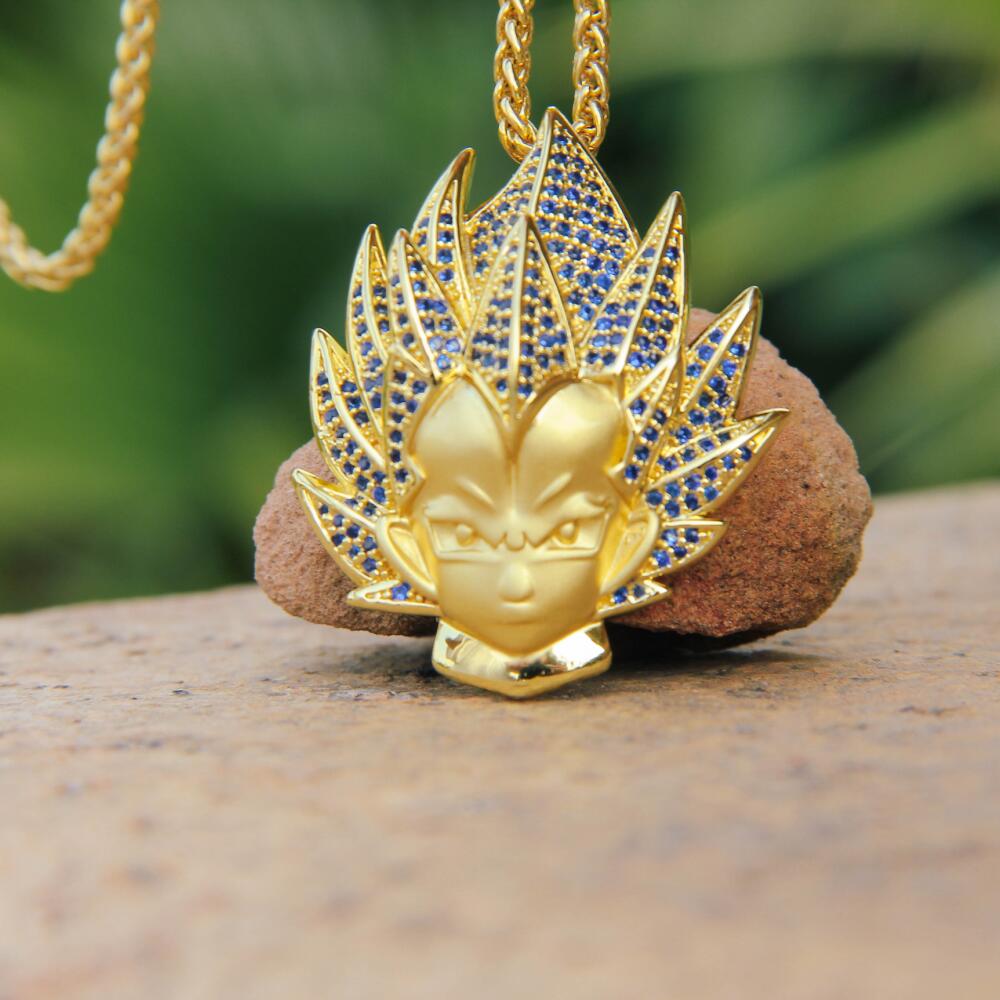 14K Gold Iced Super Saiyan God Vegeta Blue Hair Pendant - Jeupeter